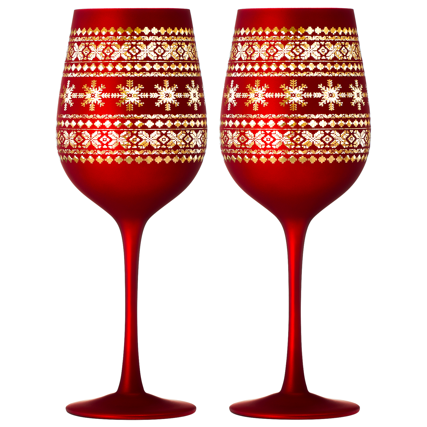 Crystal Stemmed Christmas Wine Glasses Goblets - Set of 2 - Vibrant Themed Red & Gold Etched Winter Snow Wonderland Frosted Glass, Perfect Holiday Themed Seasonal Parties, Great for Christmas & Gifts