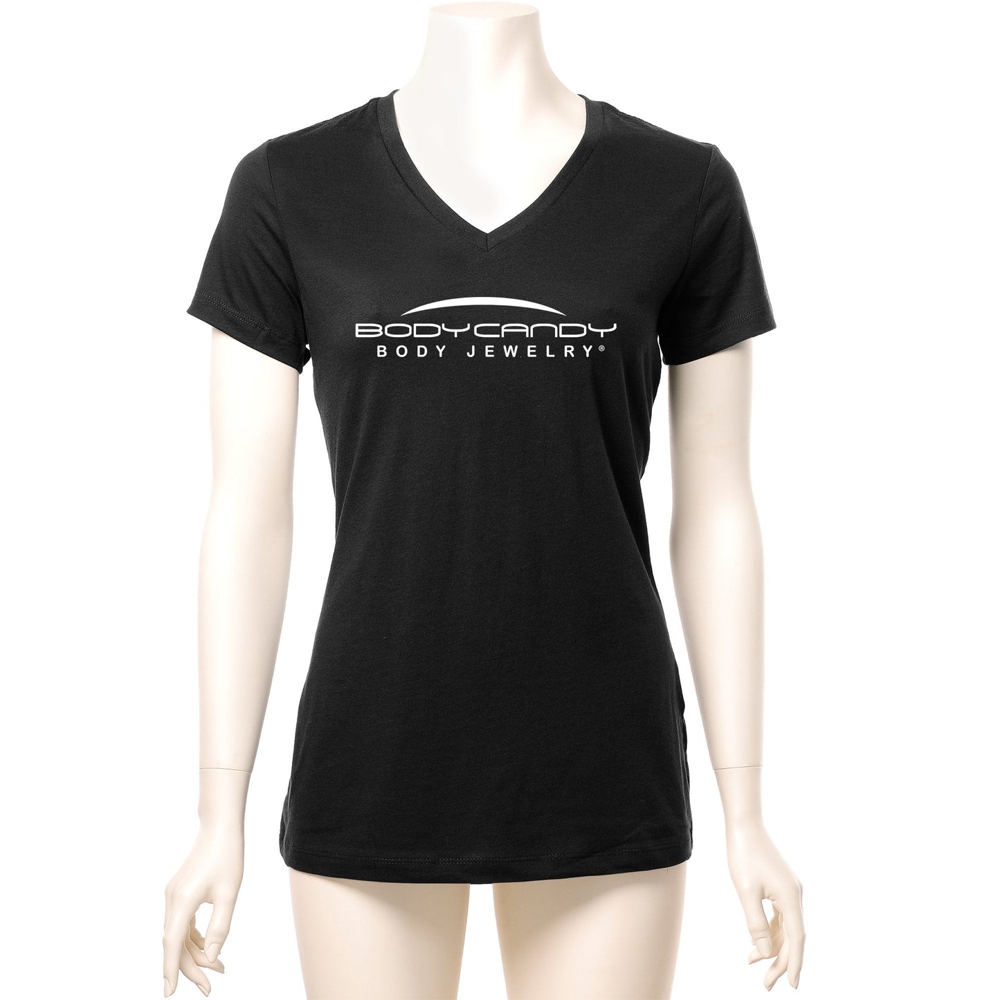Body Candy Logo Tapered Black V-Neck Tee Shirt 100% Cotton