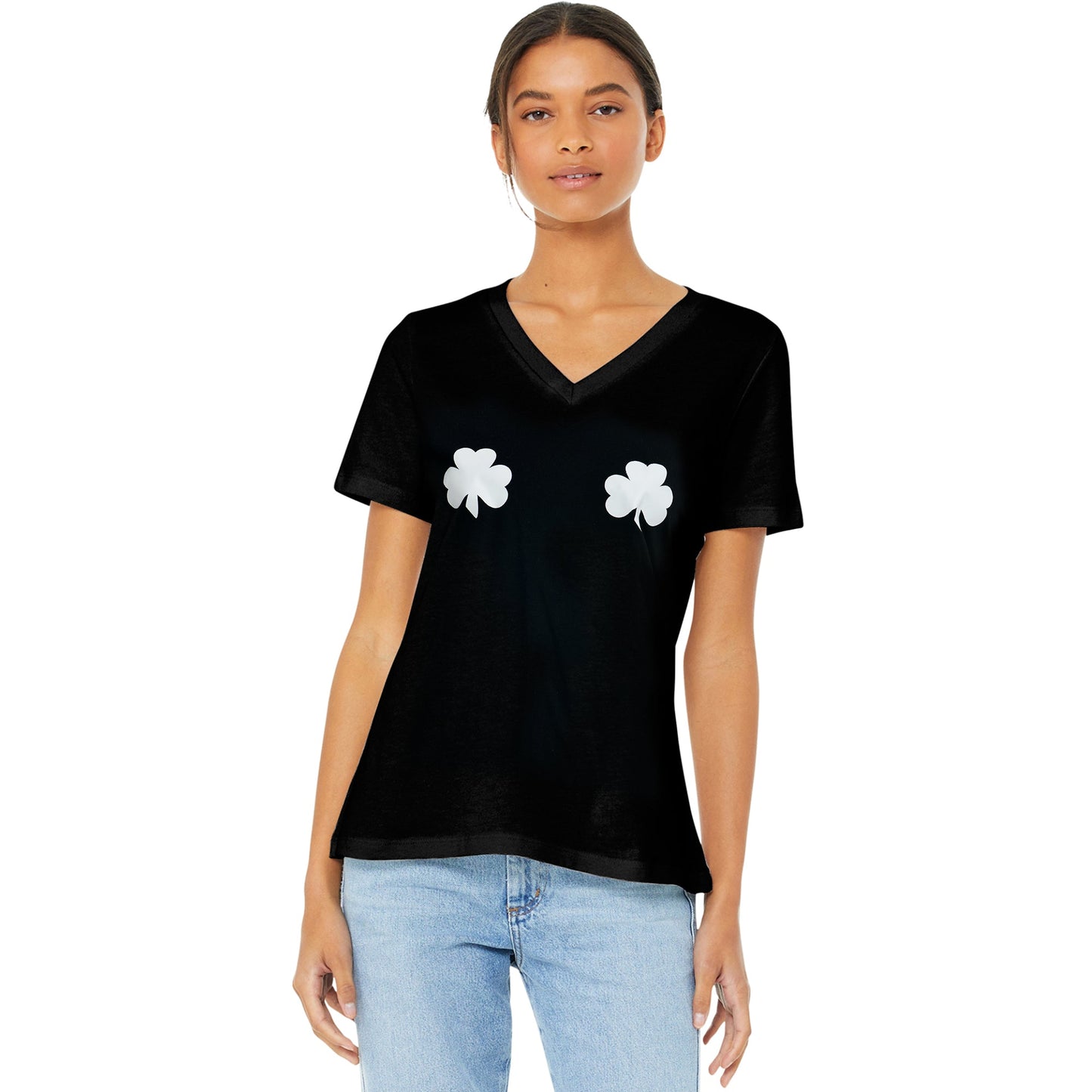 Lucky Glow in the Dark Shamrocks Black V-Neck Boobies Tee Shirt