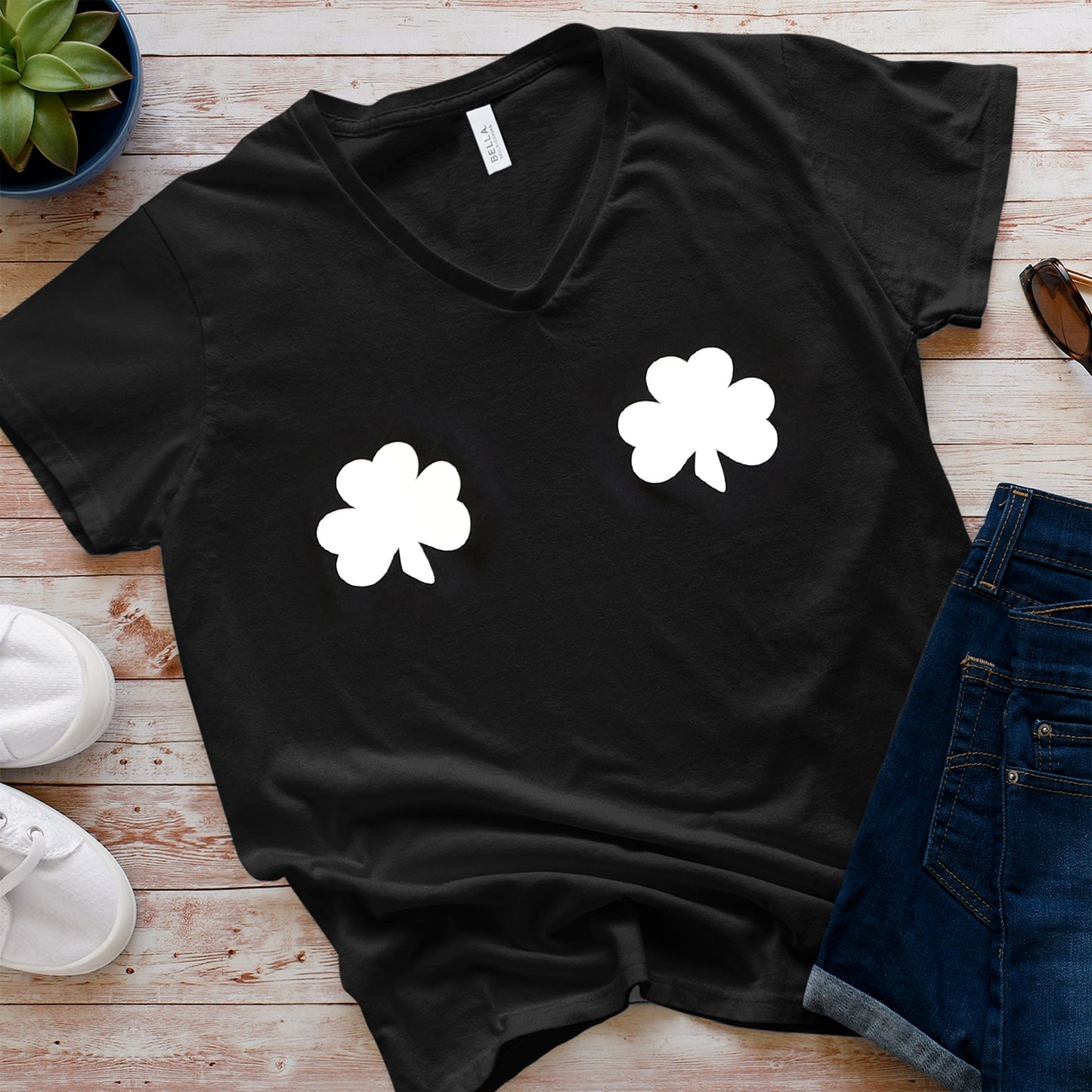 Lucky Glow in the Dark Shamrocks Black V-Neck Boobies Tee Shirt