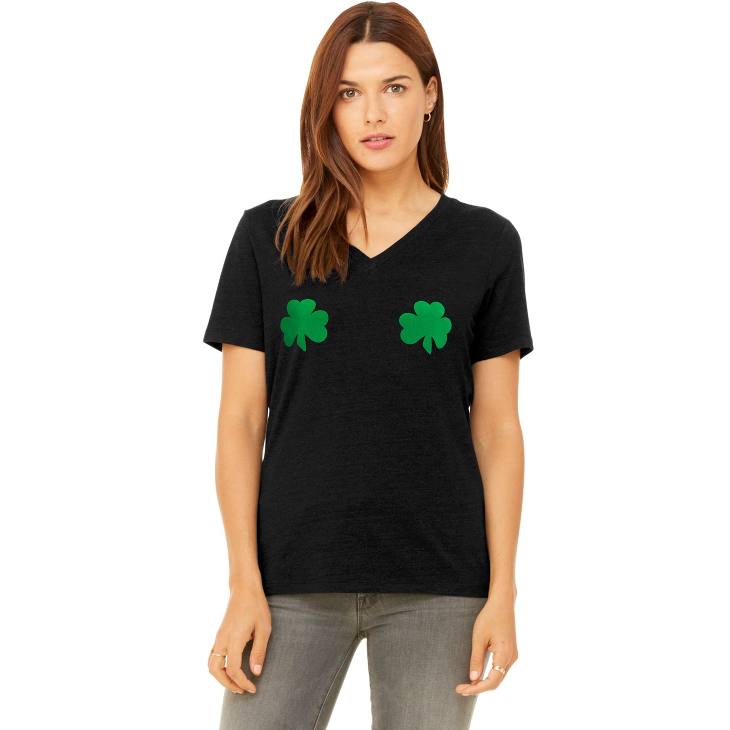 Lucky Green Shamrocks Black V-Neck Boobies Tee Shirt