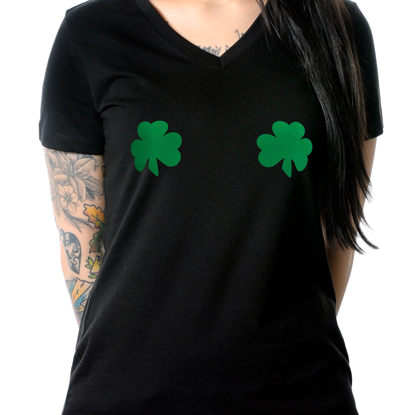 Lucky Green Shamrocks Black V-Neck Boobies Tee Shirt