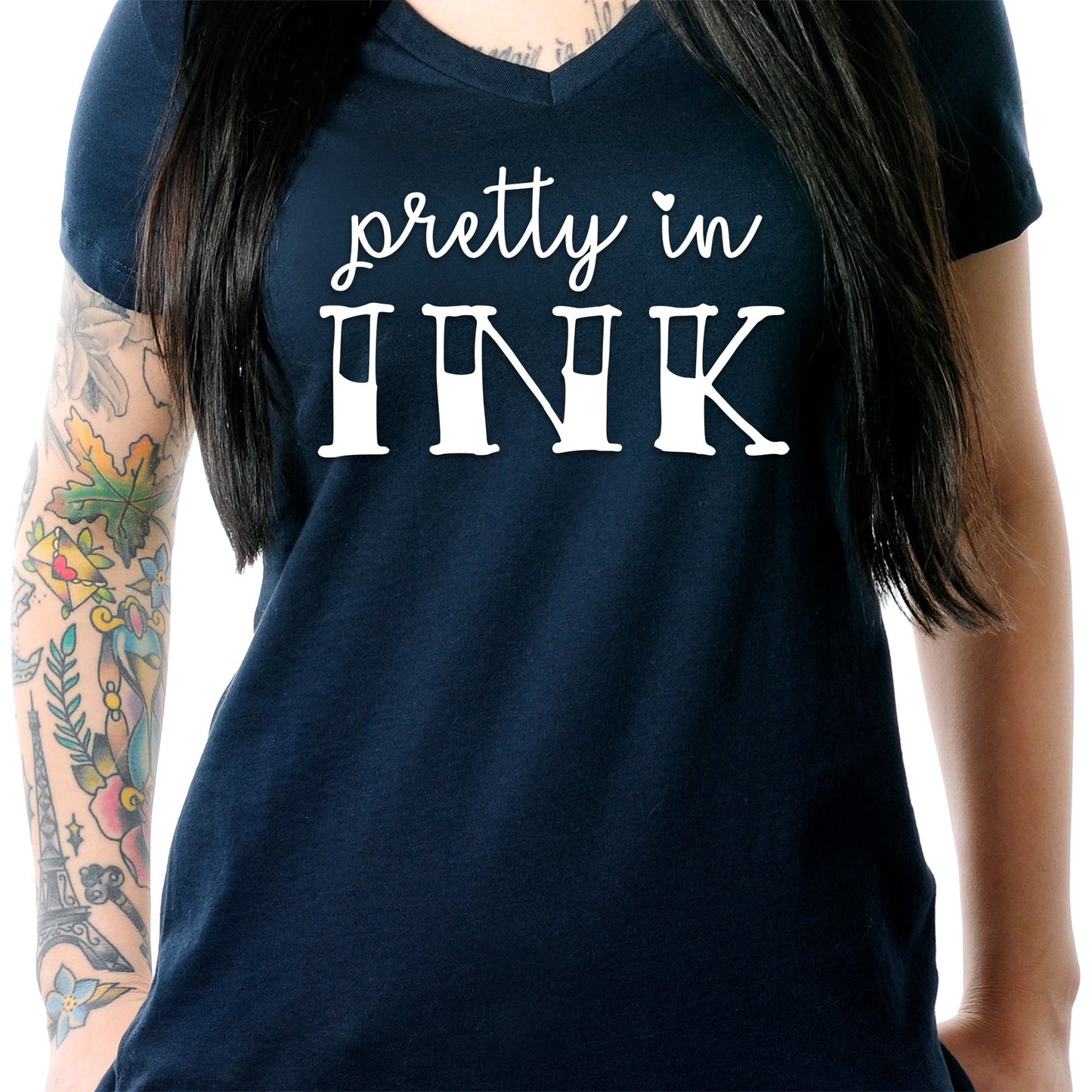 Pretty in Ink Navy Tapered V-Neck Tee Shirt