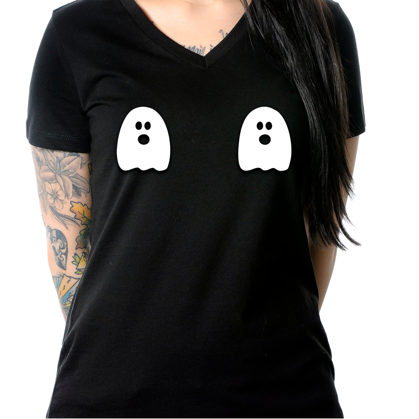 Halloween Glow in the Dark Ghost Boobies Tee V-Neck Tee Shirt 100% Cotton