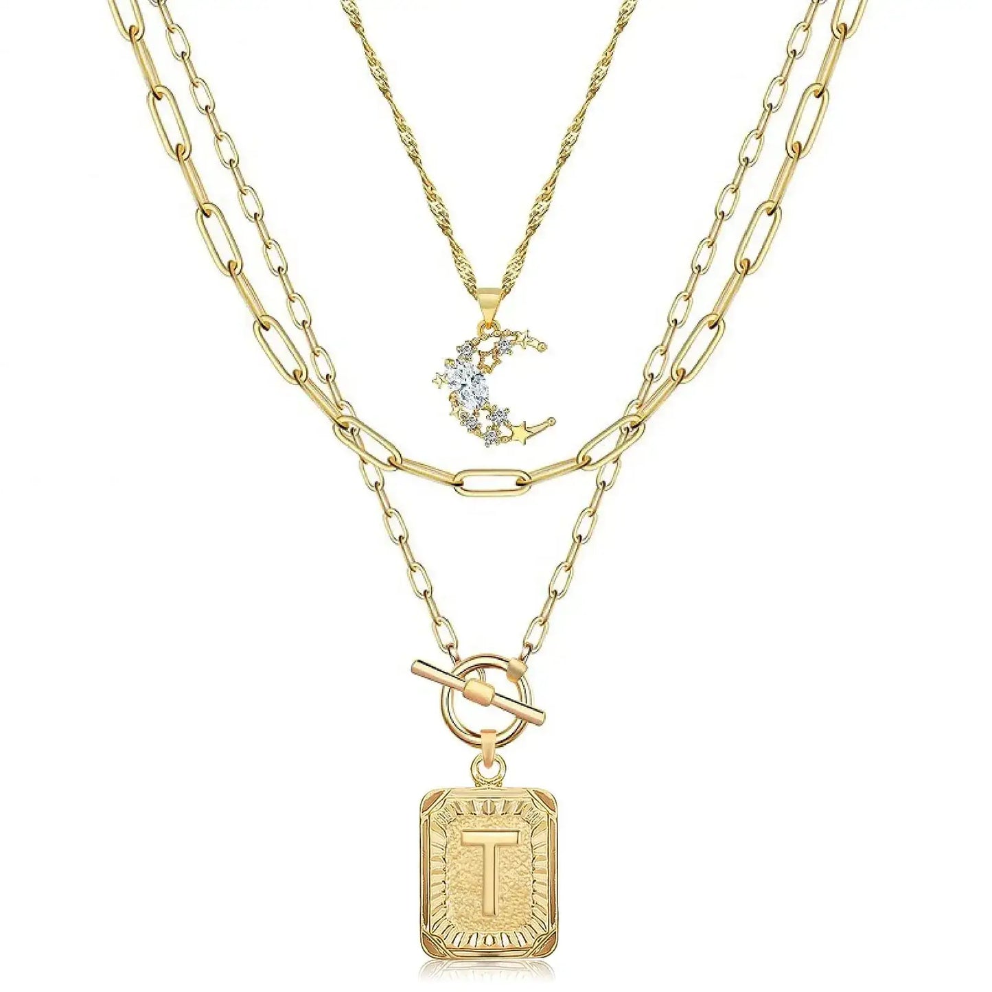 MJartoria Layered Initial Necklaces for Women Trendy 14K Gold Plated Simple Moon Choker Square Letter Pendant Necklace Paperclip Chain Necklace Gold Necklaces Jewelry Gifts (Gold T)
