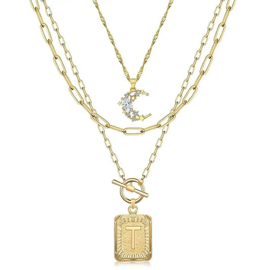 MJartoria Layered Initial Necklaces for Women Trendy 14K Gold Plated Simple Moon Choker Square Letter Pendant Necklace Paperclip Chain Necklace Gold Necklaces Jewelry Gifts (Gold T)