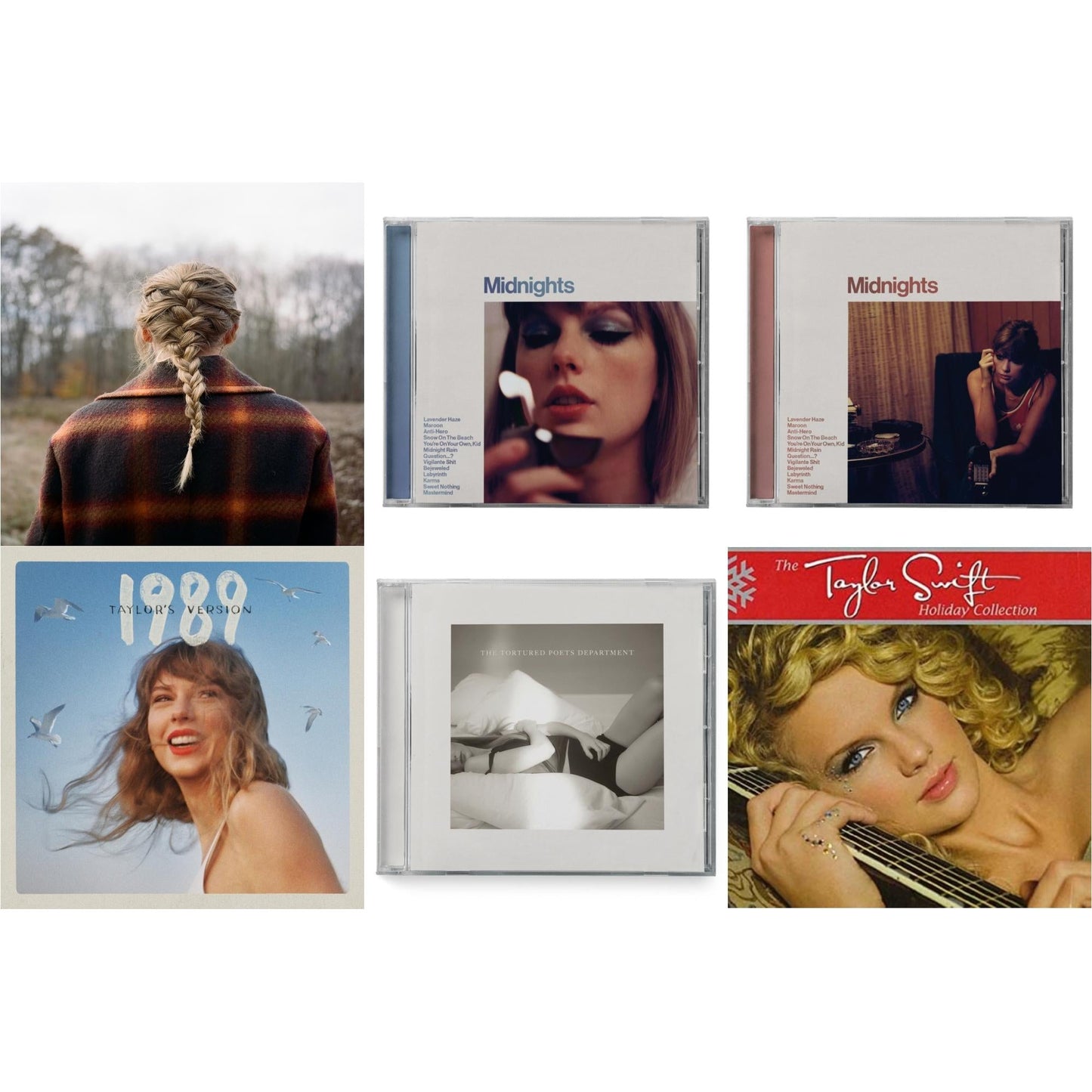 Taylor Swift - Evermore (Edited) & Midnights (X) (Moonstone Blue CD) & Midnights (X) (Blood Moon CD) & 1989 (Taylor's Version) & Tortured Poets Department (X) (Manuscript- Bonus Track) & Holiday Collection