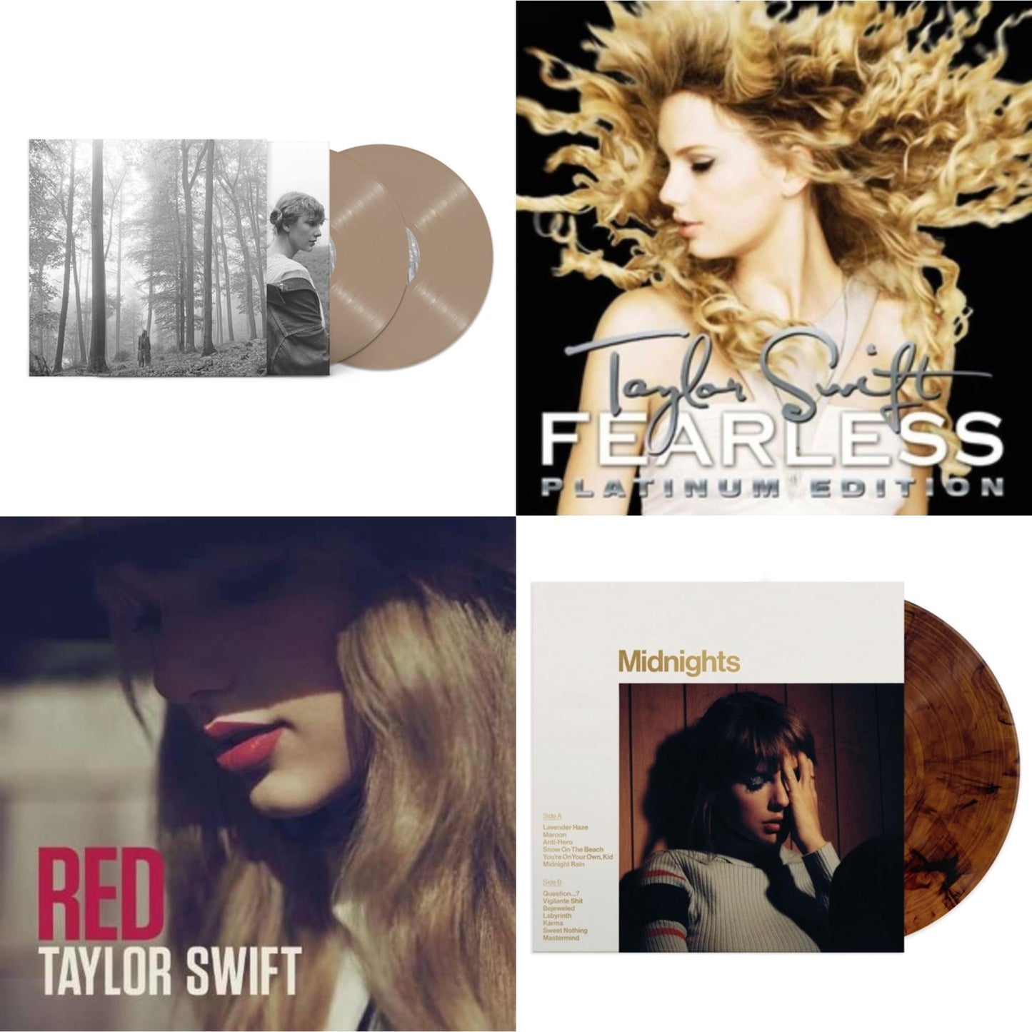 Folklore (X) (Beige Vinyl/2LP) & Midnights (X) (Mahogany Color LP Vinyl) & Red & Fearless Platinum Edition