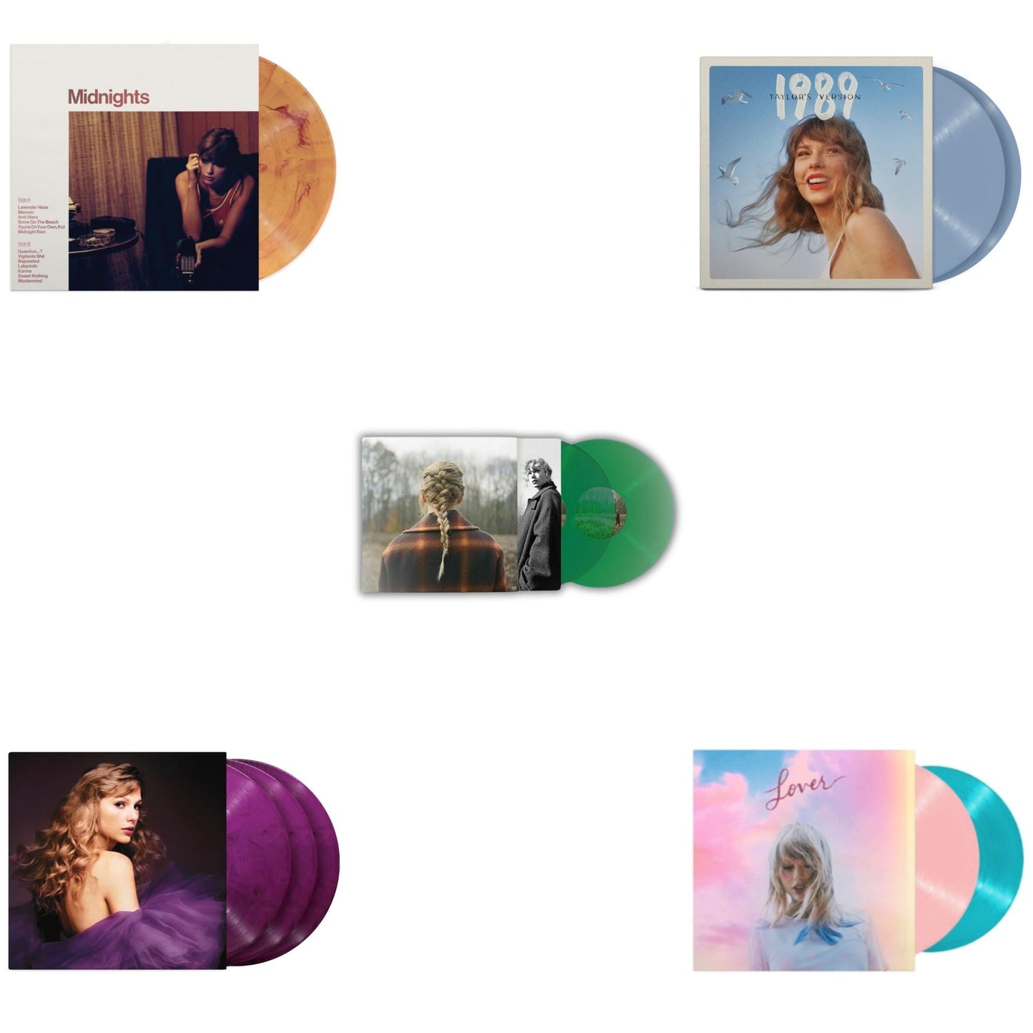 Taylor Swift - Evermore (Translucent Green Vinyl/2LP) & Midnights (X) (Blood Moon LP Vinyl) & Speak Now (Taylor's Version) (Orchid Marbled Vinyl/3LP) & 1989 (Taylor's Version) (2LP/Crystal Skies Blue Vinyl) & Lover