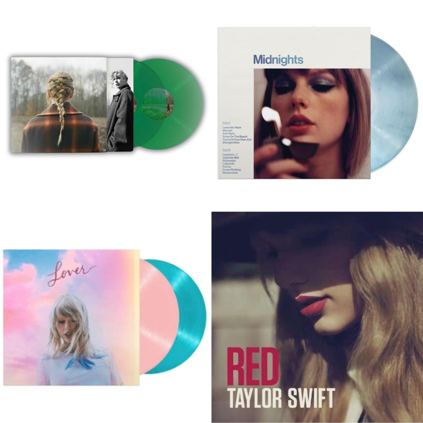 Taylor Swift - Evermore (Translucent Green Vinyl/2LP) & Midnights (X) (Moonstone Blue LP Vinyl) & Lover & Red