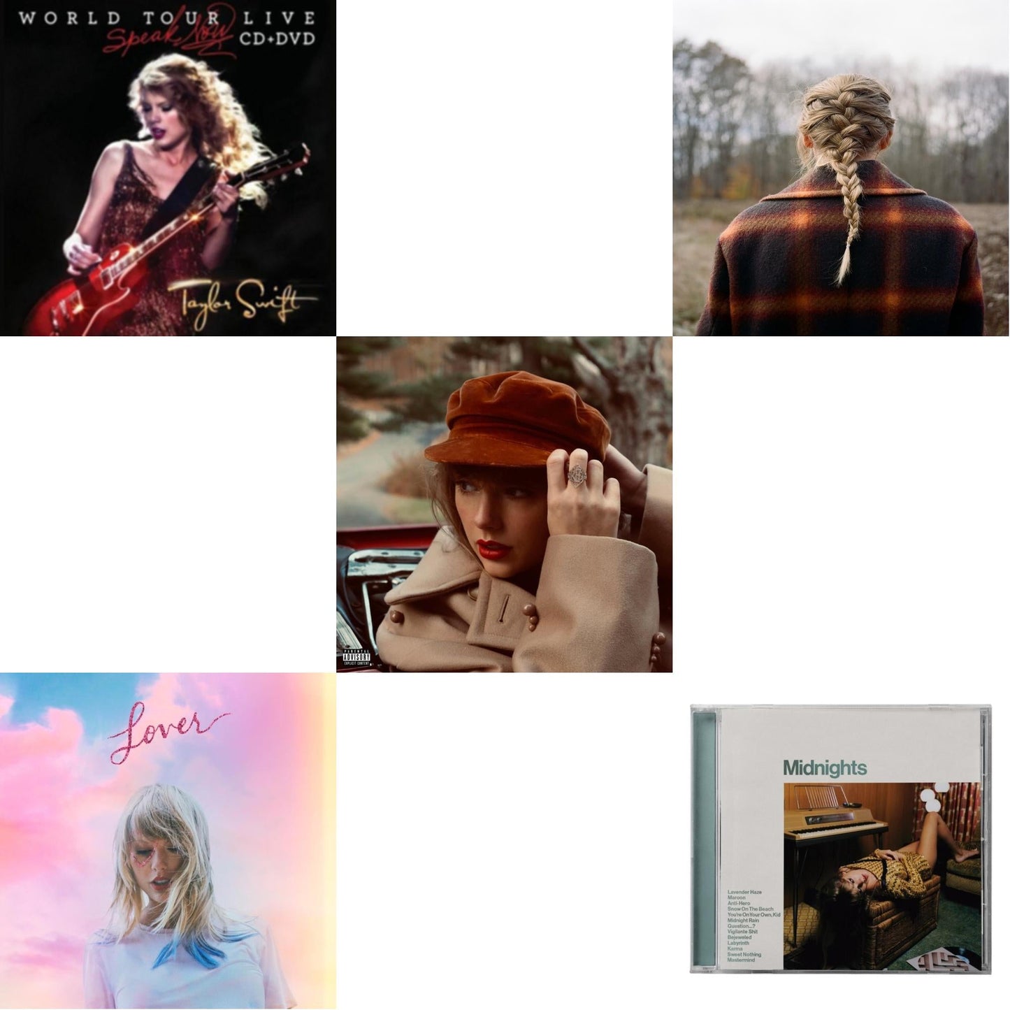 Evermore (X) & Red (Taylor's Version) (X) (2CD) & Midnights (X) (Jade Green CD) & Speak Now World Tour Live (CD/DVD) & Lover (Deluxe) (Version 2)