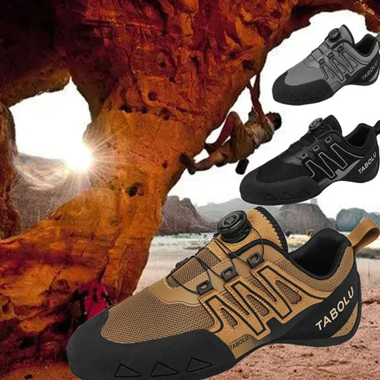 Tabolu mountain climbing shoes with a climber on a rock face in the background

