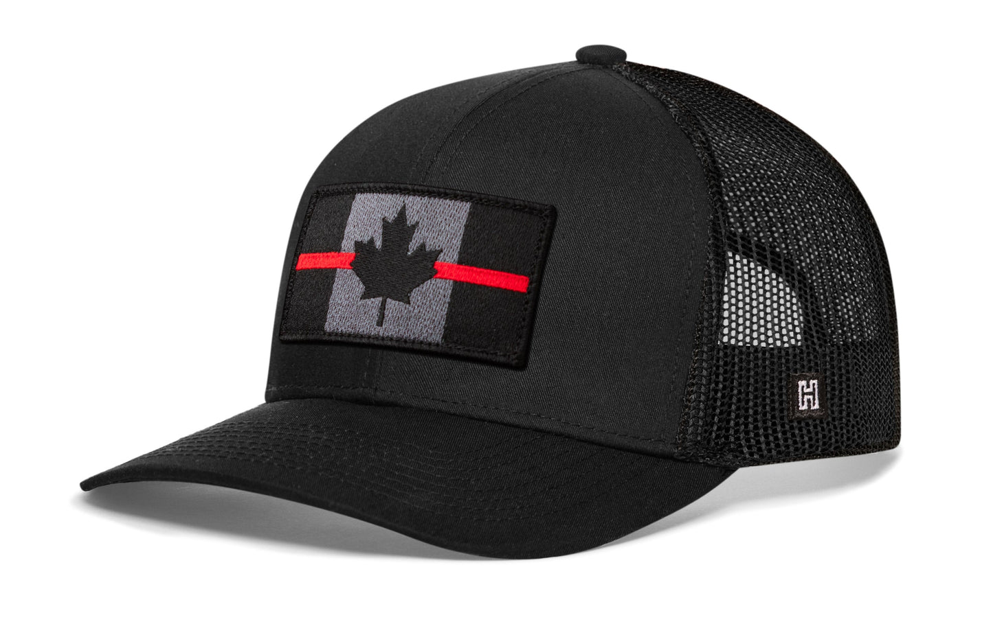 Thin Red Line Trucker Hat  |  Black Canadian Maple Leaf Tactical Snapback