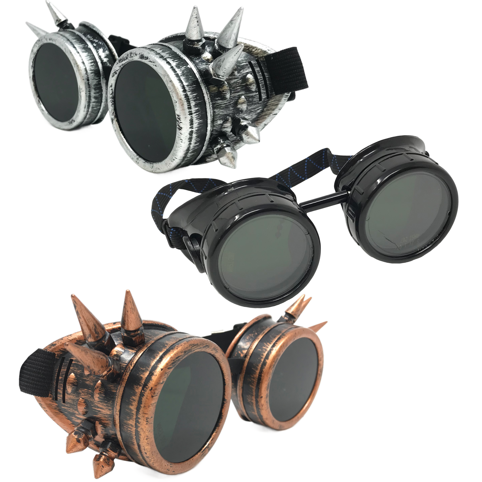Three pairs of steampunk goggles with metallic finishes on a white background