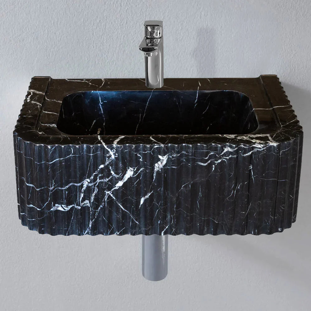Toros Black Marble Rectangular Wall-mount Bathroom Sink Polished (W)12" (L)19" (H)7"