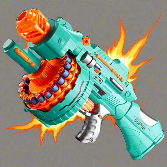 Toy blaster with teal and orange design on a white background