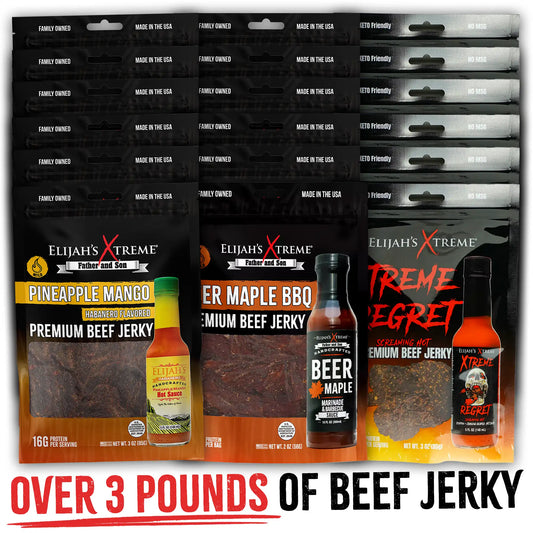 Elijah’s Xtreme Beef Jerky Bulk Trio - 6 bags of Each Flavor, 18 bags total (3lbs)