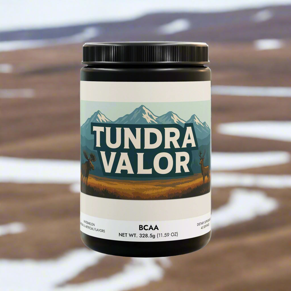 Tundra Valor BCAA supplement container with mountain and deer design on a white background