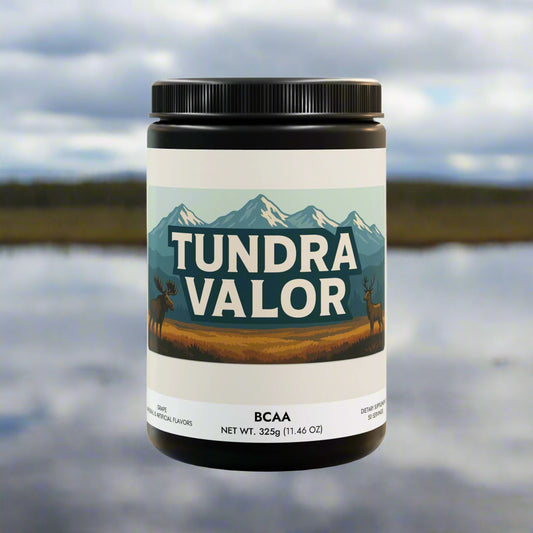 Tundra Valor BCAA supplement container with mountain and deer design on a white background