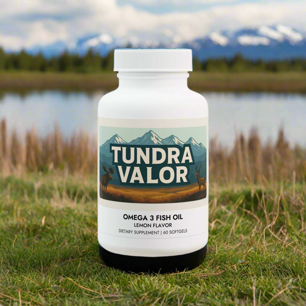 Tundra Valor Omega 3 Fish Oil supplement bottle on a white background