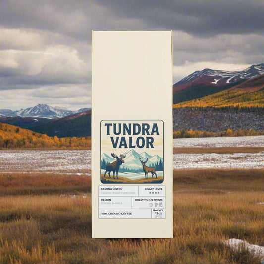Tundra Valor coffee package with a design of two deer and mountains on a white background