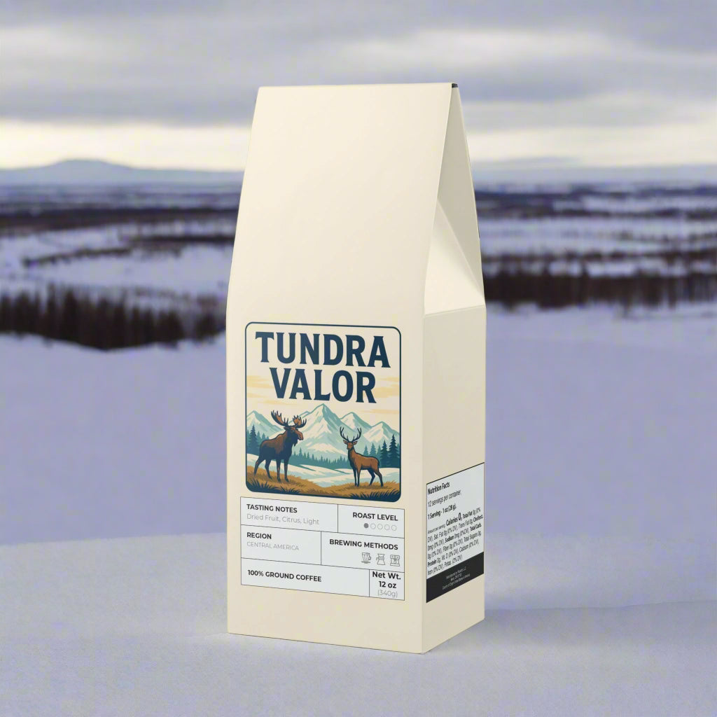 Tundra Valor coffee bag with a moose illustration on a white background