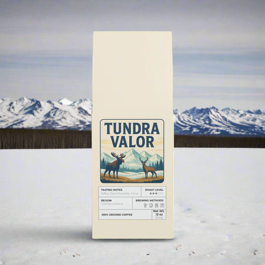 Tundra Valor coffee package with mountain and deer design on a white background