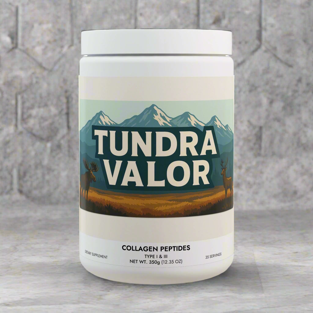 Tundra Valor collagen peptides container with mountain and deer design on a white background