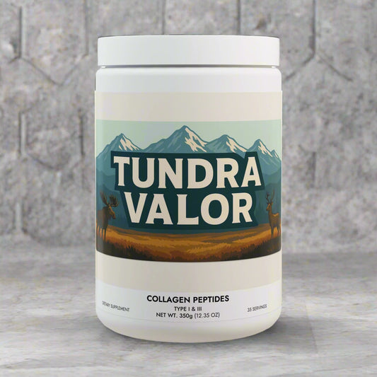 Tundra Valor collagen peptides container with mountain and deer design on a white background