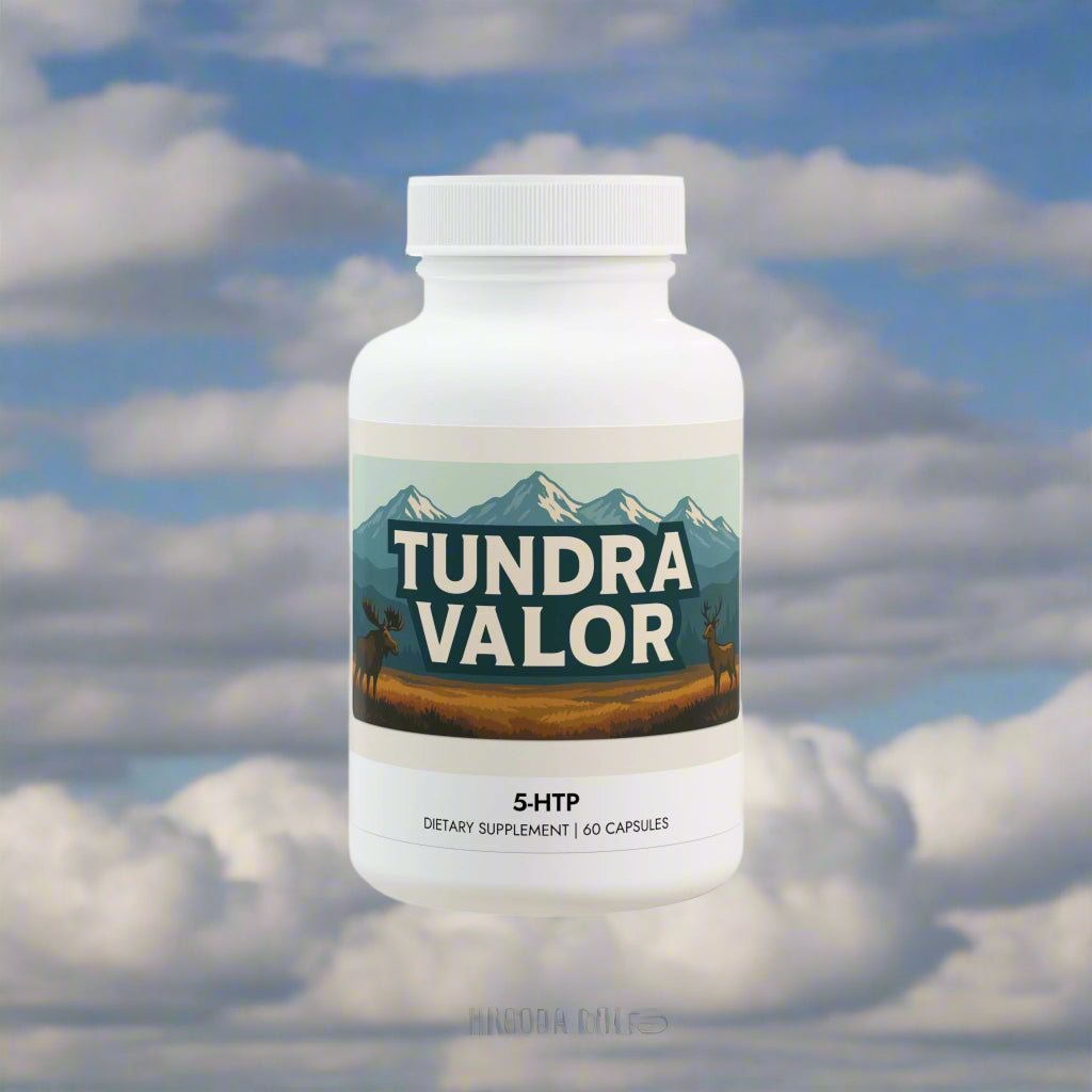 Tundra Valor dietary supplement bottle with mountain design on a white background