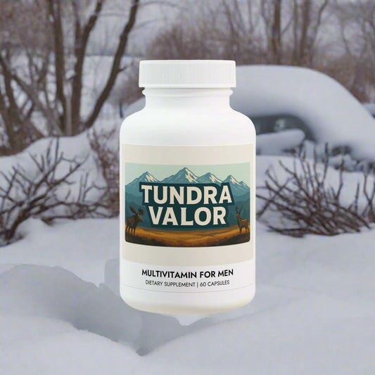 Tundra Valor multivitamin for men supplement bottle on a white background