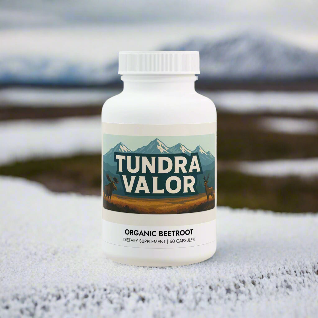 Tundra Valor organic beetroot supplement bottle on a white background