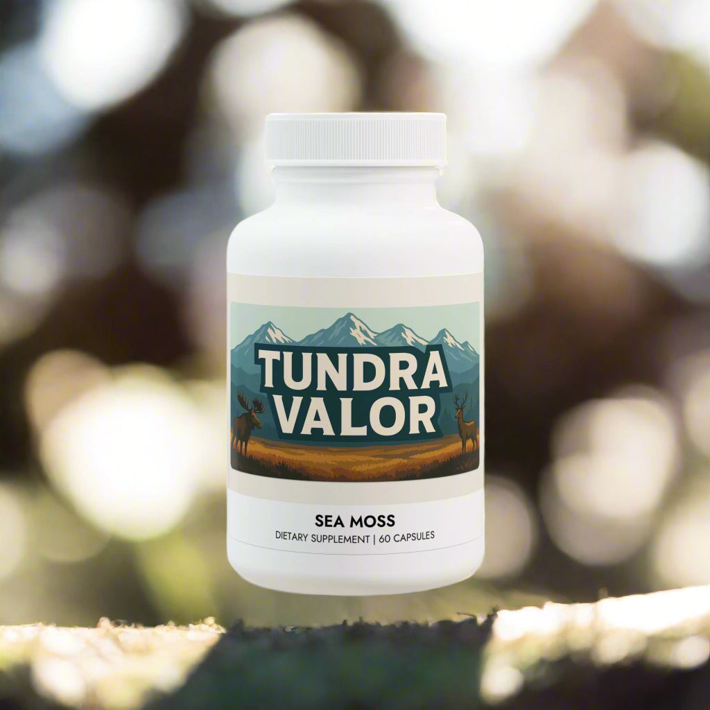 Tundra Valor sea moss dietary supplement bottle on a white background
