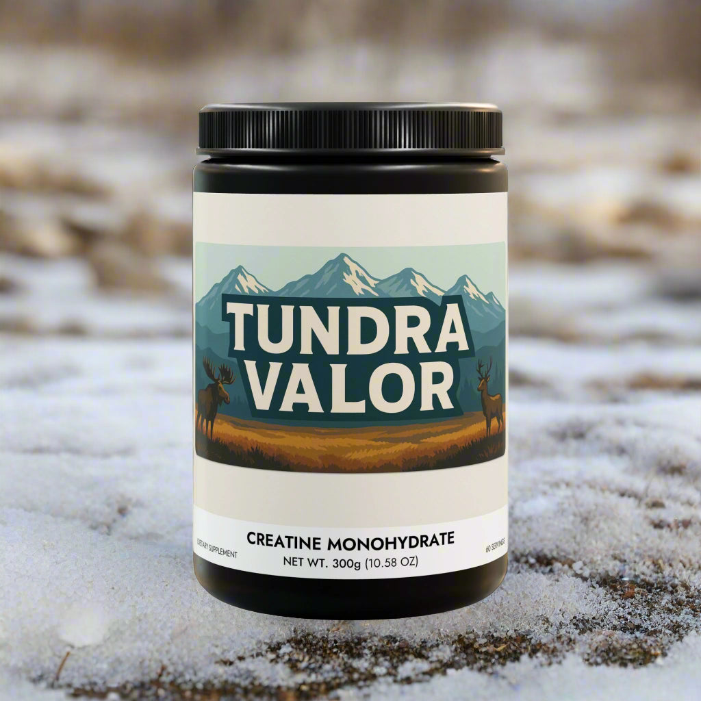 Tundra Valor supplement container with mountain and deer design on a white background