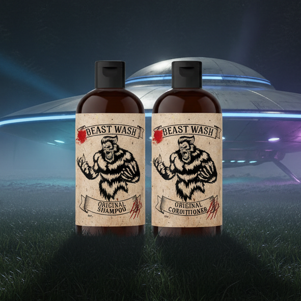 Two bottles of Beast Wash Original Shampoo and Conditioner on a white background