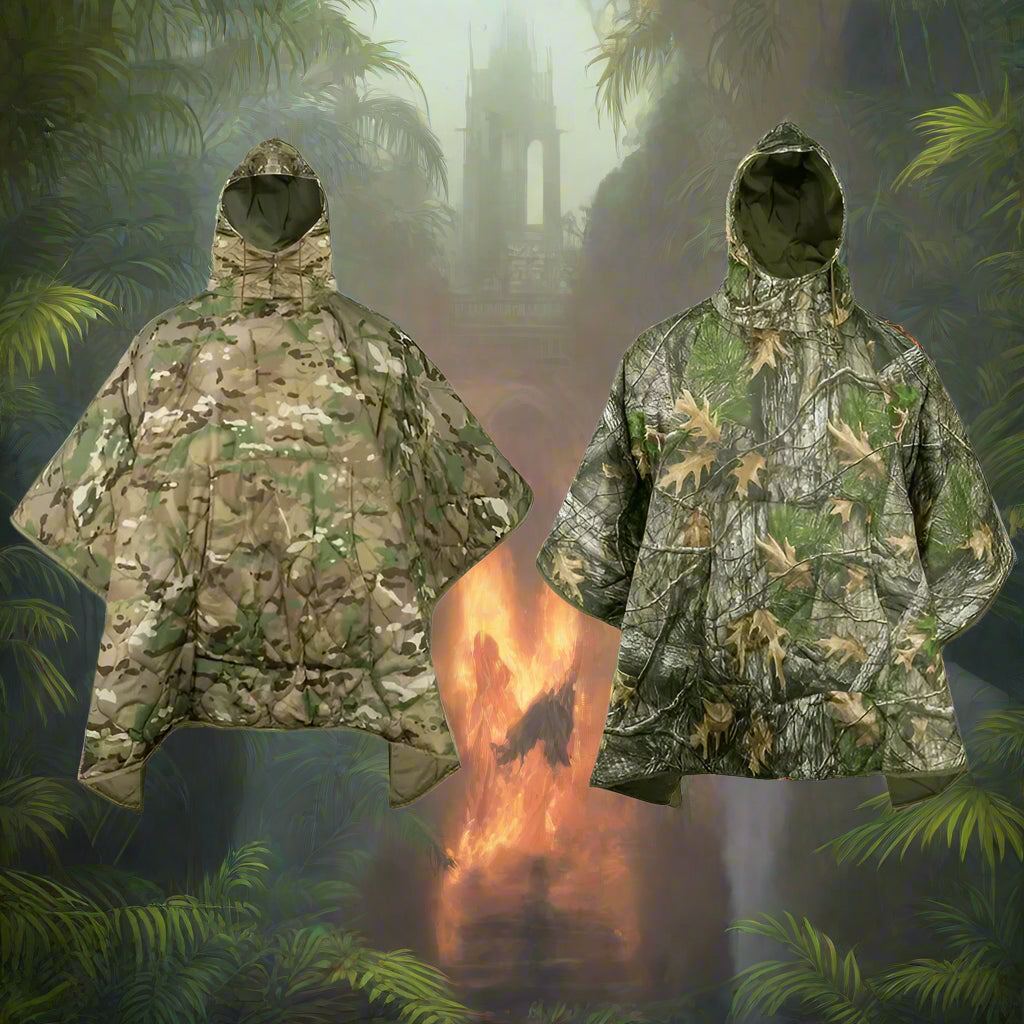 Two camouflage rain ponchos on a white background