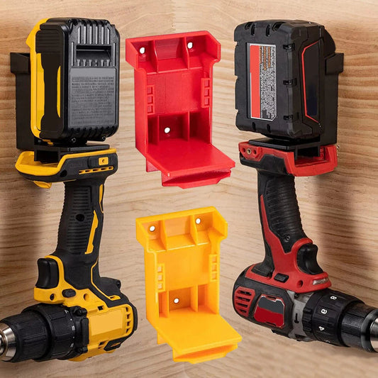 Two cordless drills with red and yellow attachments on a wooden background