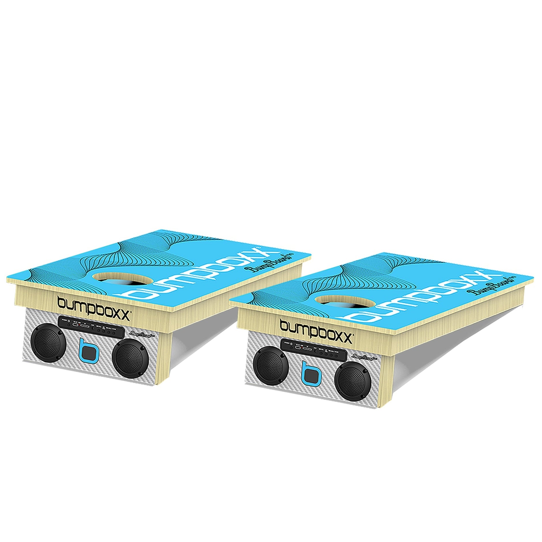 Two cornhole boards with blue tops and beige sides featuring 'Bumpboxx' branding on a white background.