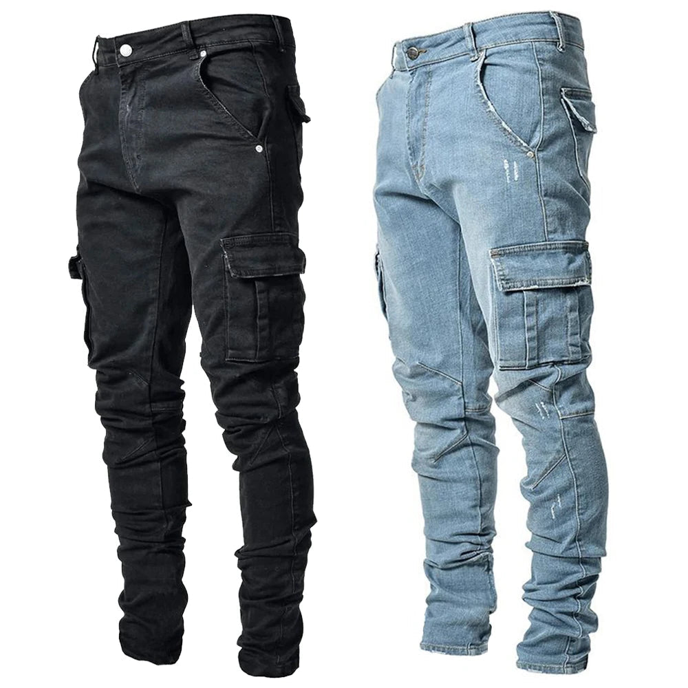 Two pairs of jeans, one light blue and one black, on a white background.