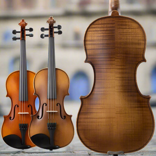 Two violins and their back view on a white background with 'SONG' branding.