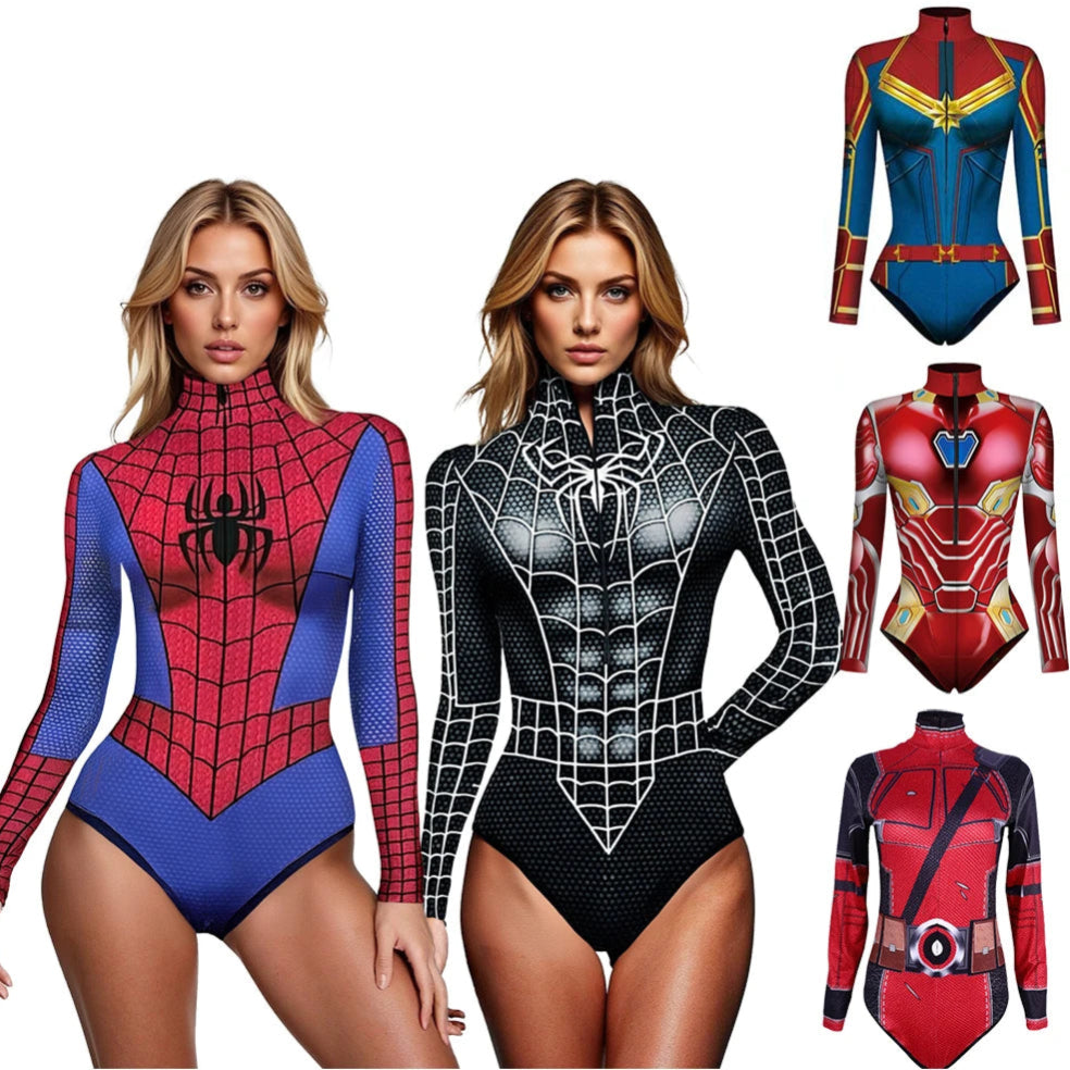 Two women wearing superhero-themed bodysuits with additional designs on a white background.
