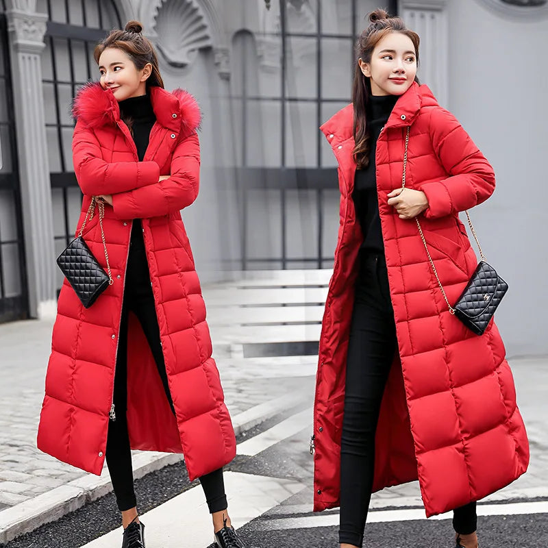 UHYTGF 2024 Winter Women's Long Parka – Bow Belt Fox Fur Collar Oversized Vintage Thick Coat - Premium coat from Lizard Vigilante - Just $133.99! Shop now at Lizard Vigilante