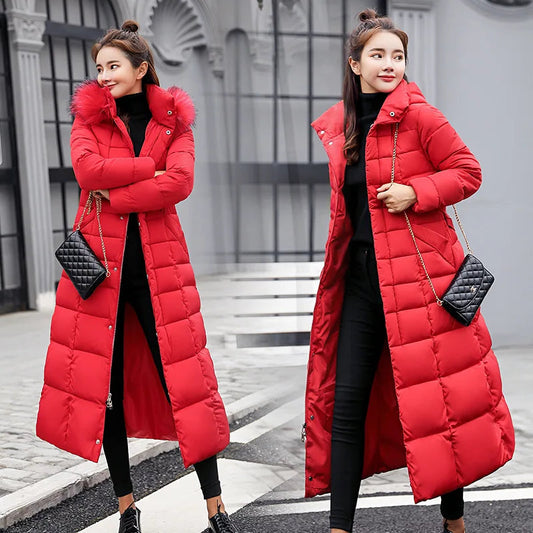 UHYTGF 2024 Winter Women's Long Parka – Bow Belt Fox Fur Collar Oversized Vintage Thick Coat - Premium coat from Lizard Vigilante - Just $133.99! Shop now at Lizard Vigilante