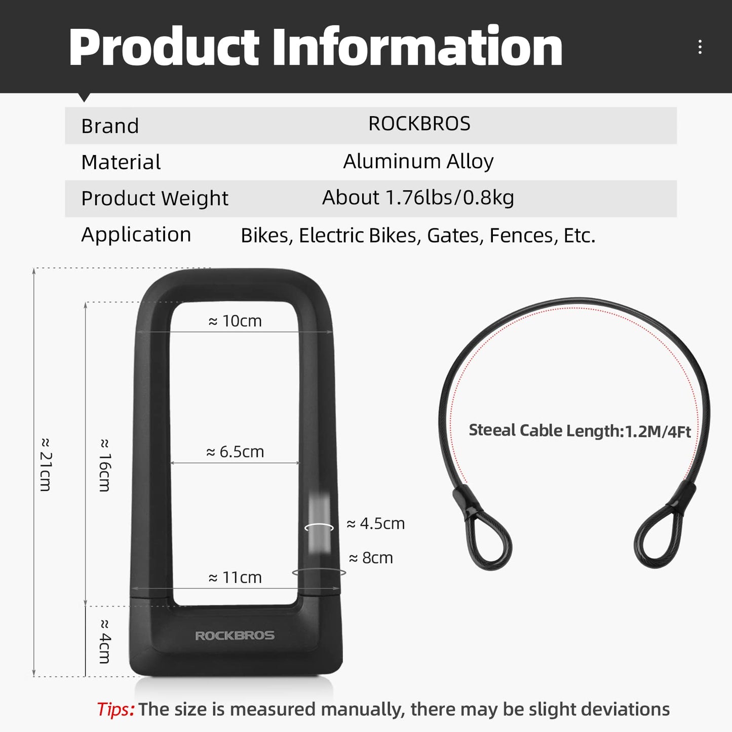 ROCKBROS Bike U Lock, Heavy Duty Anti Theft Bike U Lock with Cable Silicone Cover