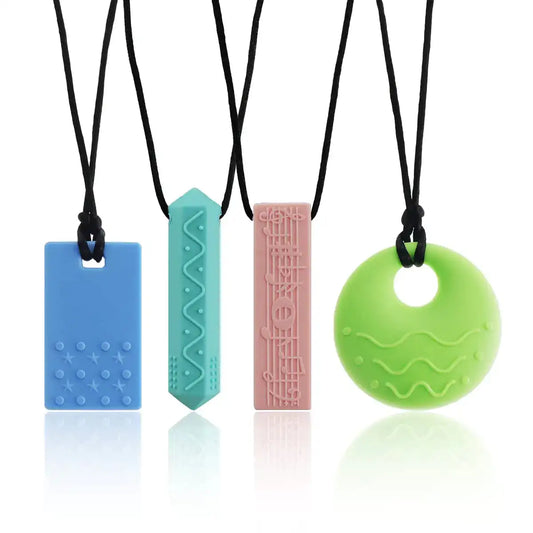 Sensory Chew Necklaces(4 Pack) for with ADHD Autism Biting Needs Oral Motor Chewy BPA Free Silicone chewlery Necklace（Color 2）