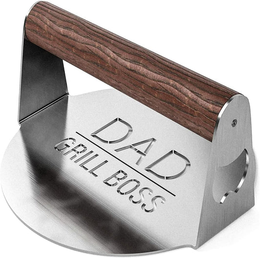 BBQ Press Grilling Gift for DAD The Grill Boss - Stainless Steel Smash Burger Press for Hamburger/Bacon with Wood Handle & Beer Opener (for Christmas, Birthday, Fathers Day)