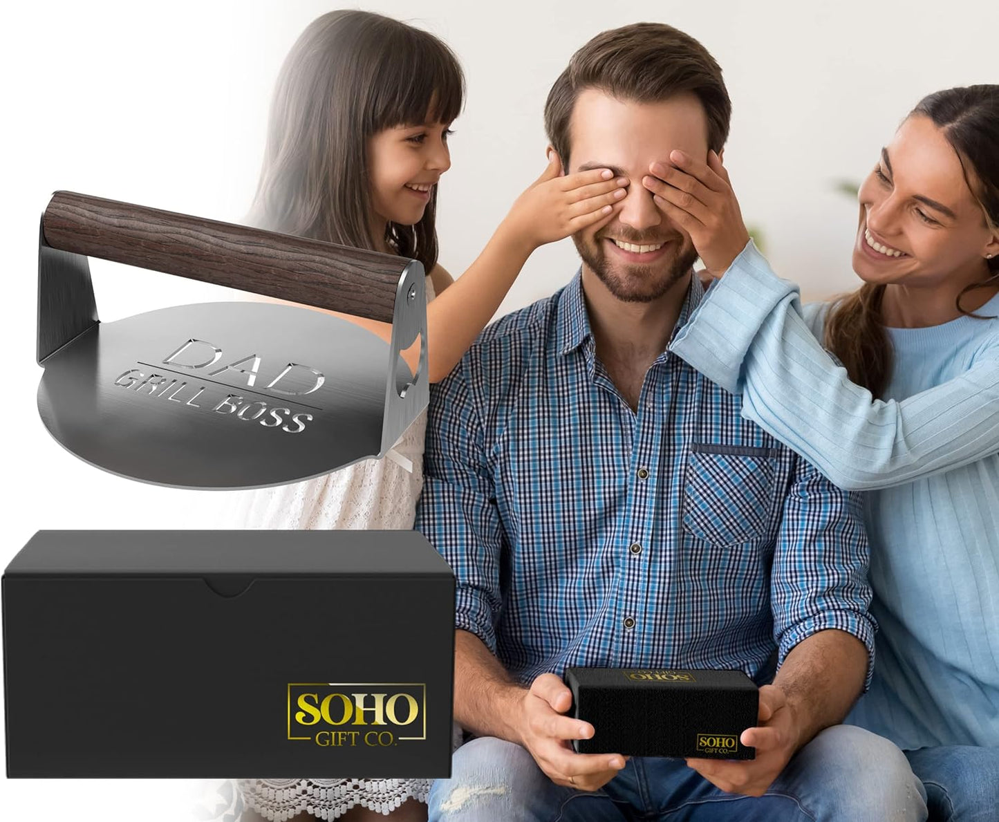 BBQ Press Grilling Gift for DAD The Grill Boss - Stainless Steel Smash Burger Press for Hamburger/Bacon with Wood Handle & Beer Opener (for Christmas, Birthday, Fathers Day)