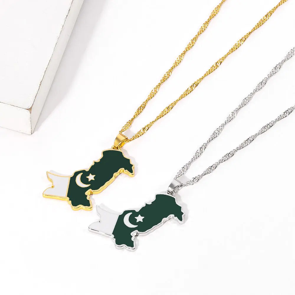 Pakistan Map and Flag Pendant Necklaces