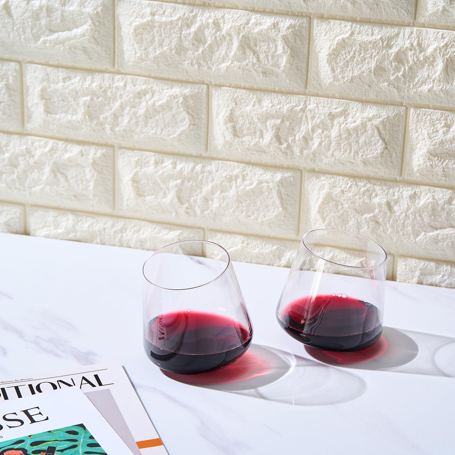 Rolling Un-Spillable Stemless Spinning Aerating Wine Glasses | Set of 2 | Spill-Proof Aerating Wine Glass, No Stem Tilted Glassware for Whiskey, Champagne, Cocktail, Water, Gift For Her, Him 13.5OZ