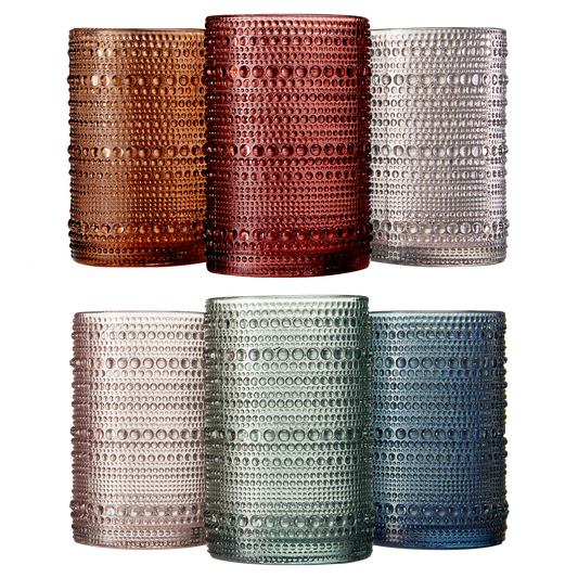Beaded Highball Drinking Glasses | Set of 6 | Muted Color, Vintage Hobnail 14 OZ Muted Bubble Design Whiskey Glassware, Old-Fashioned, Embossed Design Glass for Water, Wine, Cocktail HAND WASH ONLY